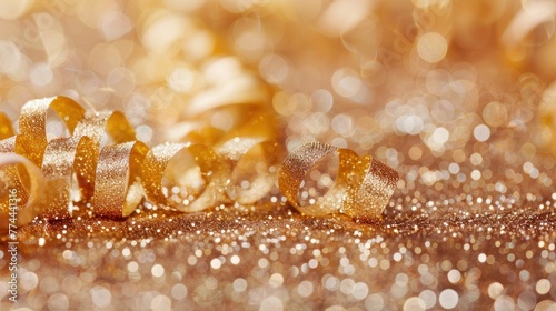 Shiny golden ribbon curls on golden glitters