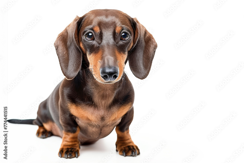 A proud Dachshund dog sits attentively, its dark eyes and sleek coat giving it a noble air against a white background