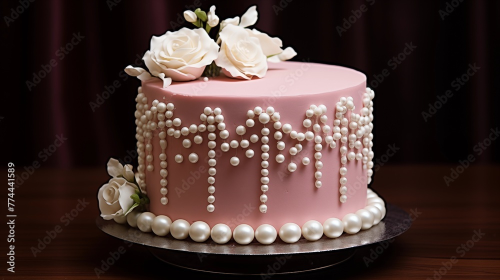 A cake adorned with edible pearls and lace A cake adorned with edible pearls and lace