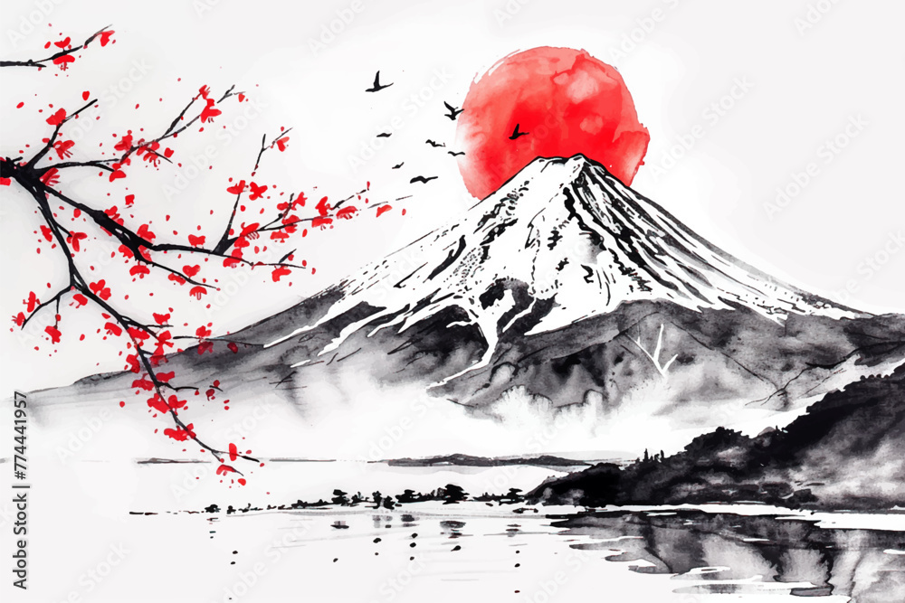 Abstract watercolor hand drawn japanese style with fuji mountain, cheery tree, sun and white background isolated