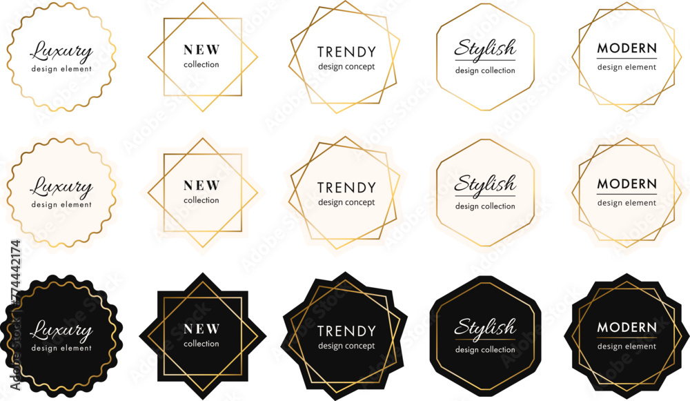 Vector collection of modern minimal golden frames. Luxury labels with copy space for text. Simple abstract minimalist badges set. Stylish linear logotype borders. Trendy geometric design elements