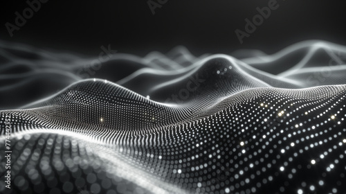 Dynamic digital landscape with wavy contours and pixelated dots, evoking a sense of technological advancement