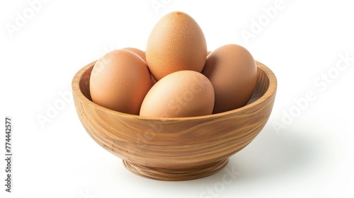 Group of fresh whole raw chicken eggs in wooden bowl isolated on white background. AI generated