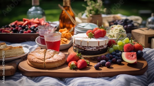 A birthday cake on a picnic blanket surrounded by delicious food and drinks.