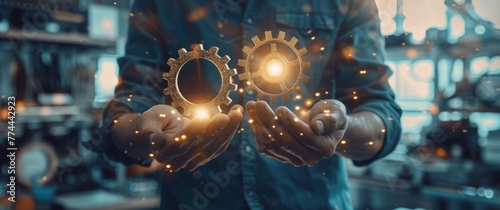 A person joins three glowing gears symbolizing tech merging and progress, Generated by AI