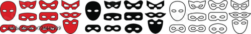 Mask superhero carnival villain or burglar vector icon set. Collection of Black outline flat red masquerade costume eye mask silhouette hidden face. Incognito theatre party masque shape clip art.