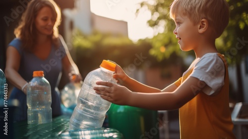 Green Family: eco-conscious parenting, teaching kids how to recycle. Recycling waste, plastic into recycling bins
