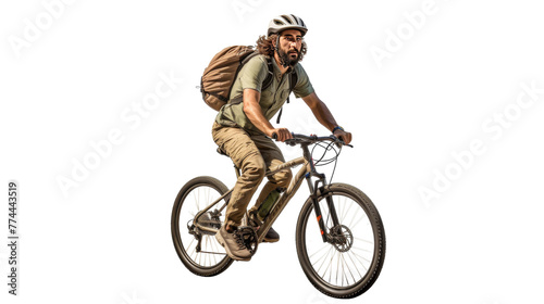 A man with a beard rides a bike along a scenic route