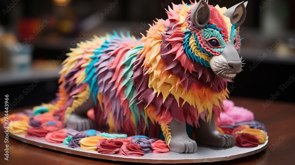 Obraz premium Animal-shaped cake decorated with colorful frosting and candy accents.