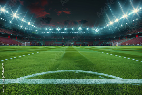 A large soccer stadium at night with lights shining on the green field 