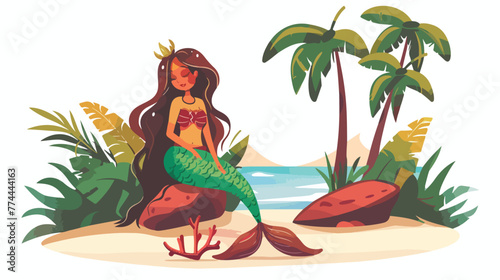 Illustration of a mermaid in the island on a white