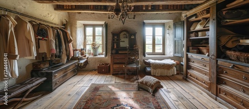 A Rustic and Charming Dressing Room in a Countryside Manor with Exposed Wooden Beams and Antique Furnishings