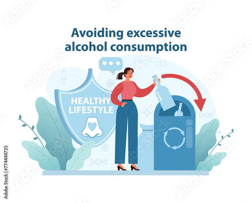 Alcohol Moderation Illustration. A woman discards a bottle into a recycling bin.