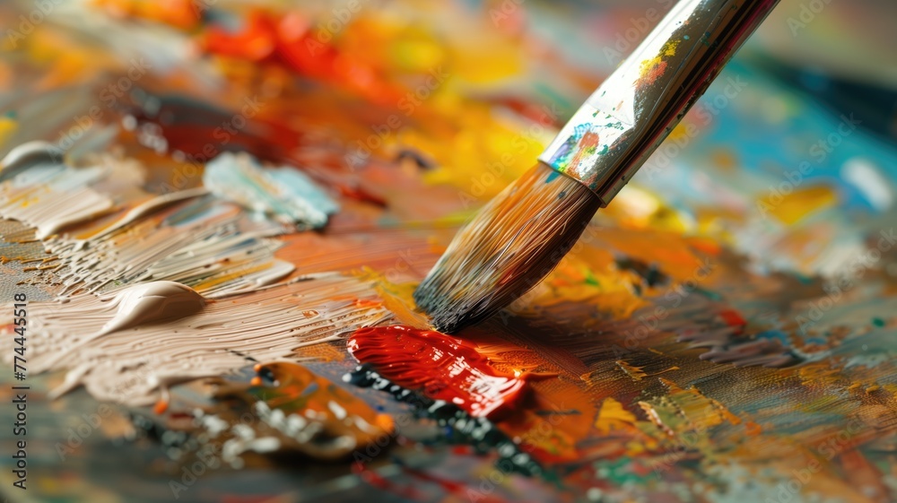 Fototapeta premium A paintbrush mixes vibrant oil paints on a colorful palette