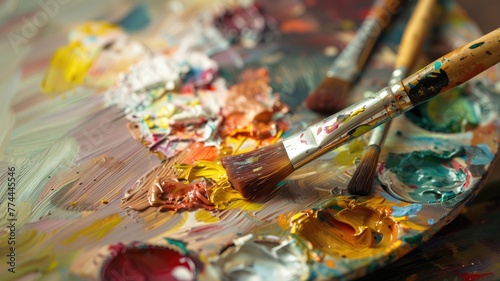 Close-up image of oil paints on a palette with two artist's brushes, showcasing vibrant blend colors