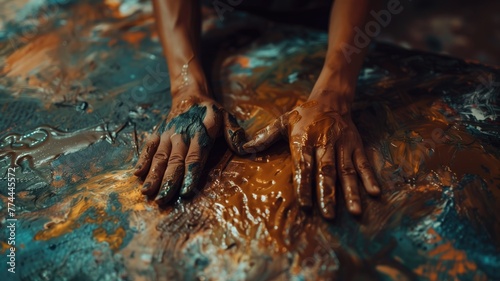 Close-up of hands covered in paint, resting on a vibrant, colorfully smeared surface