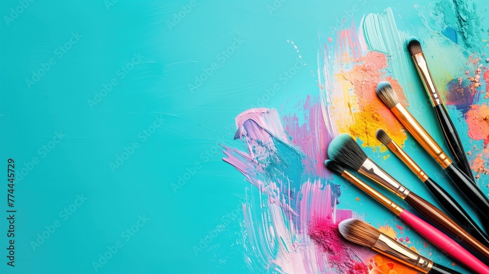 Obraz premium A vibrant array of paint brushes against a colorful backdrop with splashes