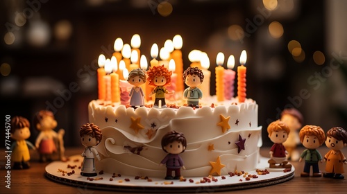 Cake decorated with a single candle surrounded by tiny fondant figures representing the birthday person's loved ones.