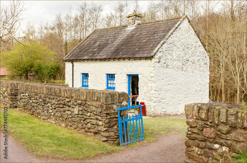 Traditional white and blue painted Irish cottage