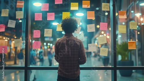 Person in front of a glass window covered with colorful sticky notes at night