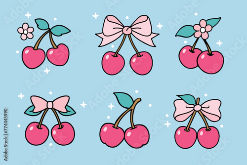 Cherry Blossom Vector Icon Set with Bows Pastel Blue and Baby Pink