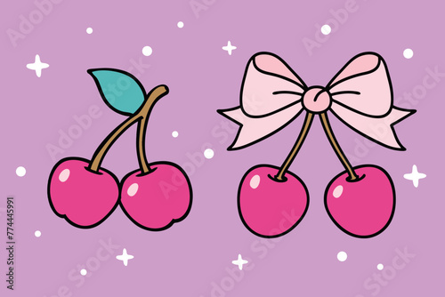 Whimsical Cherry Blooms Vector Icons with Ribbon Bows Purple and Pink