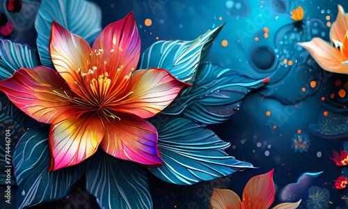 Vibrant flower painting set against dark backdrop. Bright colors of flowers pop out, creating visually appealing, captivating piece of artwork. For art, creative projects, fashion, style, magazines.