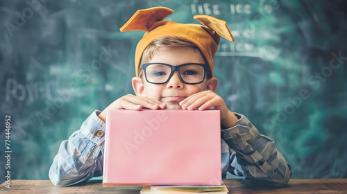 Boy in Glasses Studying with Pink School Supplies