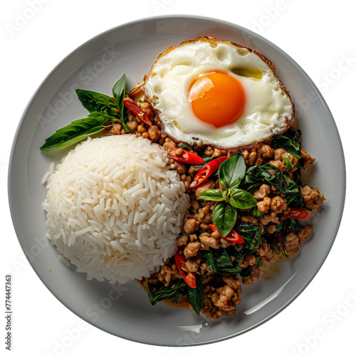 Phad Ka Prao Gai, Kai Dao, stir fried ground chicken meat with basil, oyster sauce, topped with fried egg. Isolated with Transparent background. Thai food for menu, restaurants.