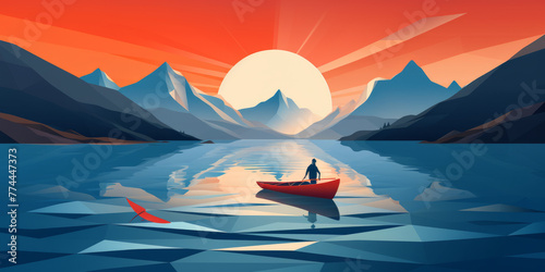 Sailboat Fisherman Paper Art: Mountain River Scene