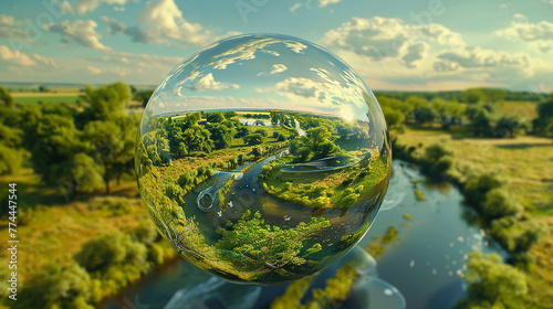 A serene countryside scene with winding rivers and lush forests, encapsulated within a tranquil 3D glass globe.