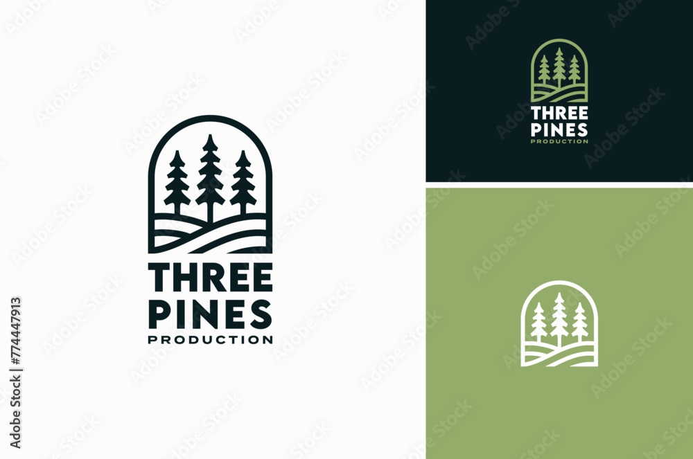 Silhouette of three pines tree similar with evergreen fir conifer spruce cedar larch cypress tree. Forest Landscape classic vintage logo design