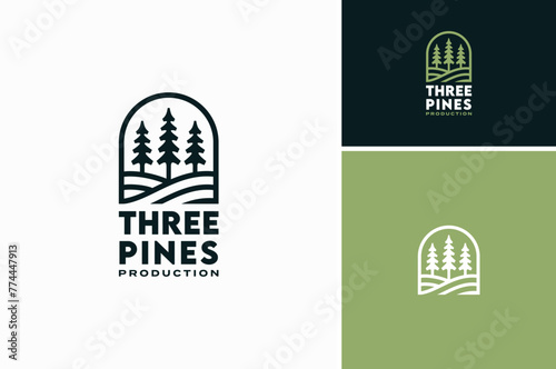 Silhouette of three pines tree similar with evergreen fir conifer spruce cedar larch cypress tree. Forest Landscape classic vintage logo design