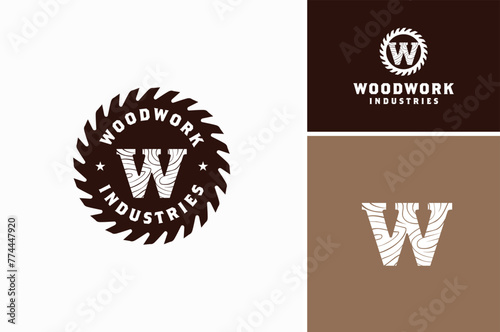 Buzzsaw Circular Saw Skilsaw silhouette with letter W in Wood Texture for Woowdwork Industry label emblem badge vintage logo design.