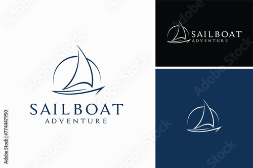 Simply Minimalist Line Art Drawing of Ship Boat Sailboat with Arch for Sea Ocean Sailing Adventure Travel Trip Transportation logo design