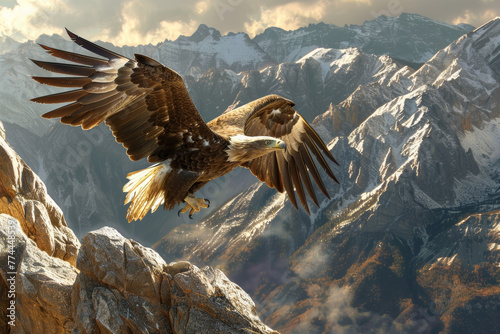 A majestic eagle in flight, wings outstretched against the dramatic backdrop of rugged snowy mountain peaks under a brooding sky