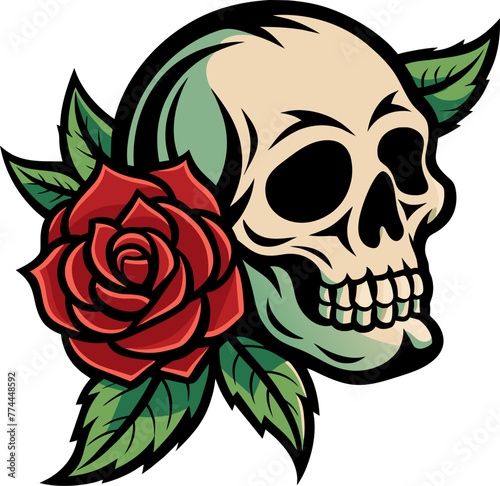 Skull with rose flower logo illustration