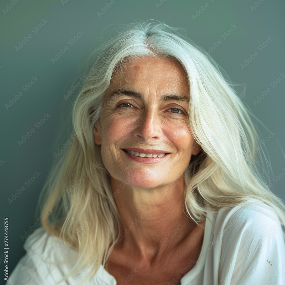 Capturing a moment of pure joy, this skincare portrait features a happy American model aged 60, her blond hair beautifully set against a soft Capturing a moment of pure joy, this skincare portrait features a happy American model aged 60, her blond hair beautifully set against a soft