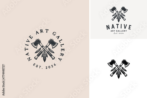 Crossed american native tomahawk indian axes with feathers ornament label vintage logo design