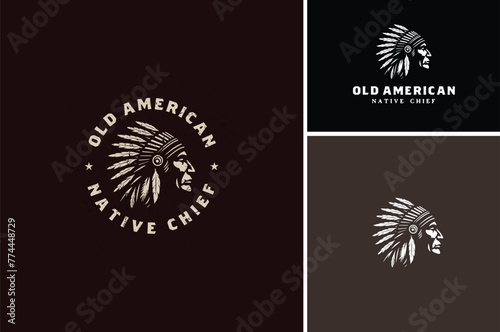 Rustic American Native Old Man wearing headdress, Vintage Indian Tribe Chief Silhouette Illustration Badge Label logo design