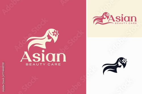 Silhouette of long hair beautiful girl with flower for woman beauty care or cosmetic logo design.
