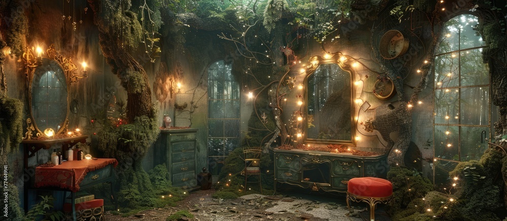 Whimsical Enchanted Forest Dressing Room with Moss-Covered Furniture and Fairy Lights