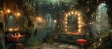 Whimsical Enchanted Forest Dressing Room with Moss-Covered Furniture and Fairy Lights