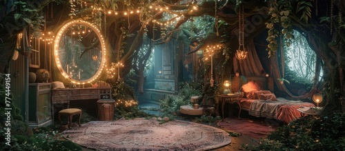 Enchanted Dressing Room in a Whimsical Moss-Covered Forest Setting with Fairy Lights and Cozy Decor