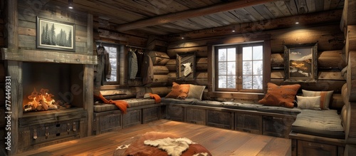 Cozy Rustic Mountain Lodge Dressing Room with Fireplace Seating and Log Cabin Accents