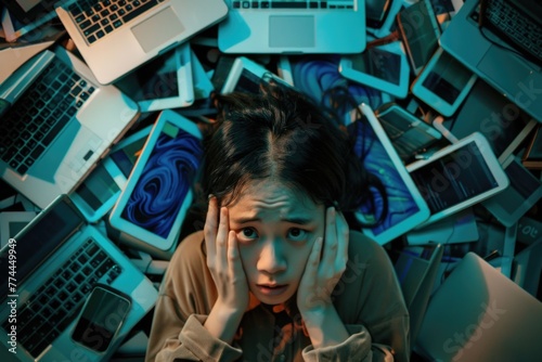 Young Woman Feeling Overwhelmed by a Mountain of Electronic Devices