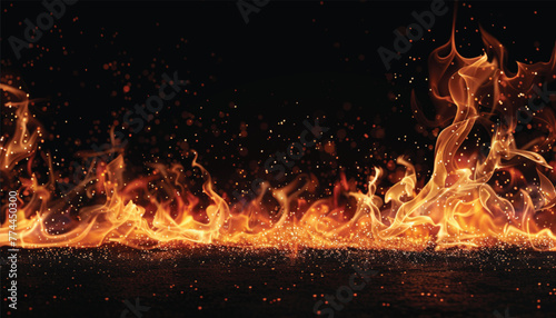 Burning sparks flying. Beautiful flames. Detail of fire sparks isolated on a black background. Fire flames on black background
