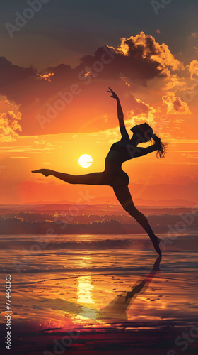 Silhouette of a dancer against the sunset background