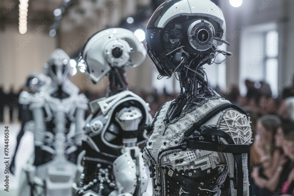 Sleek and Modern Robotic Mannequin on Runway, Blending High Fashion with Advanced Tech Sleek and Modern Robotic Mannequin on Runway, Blending High Fashion with Advanced Tech