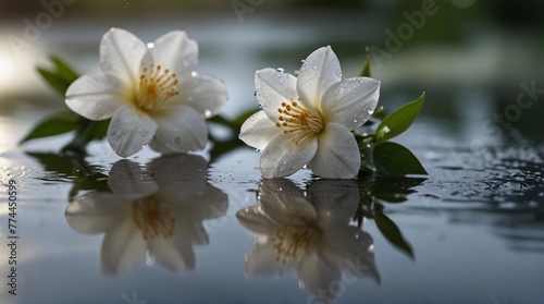 White lotus on the water  reflection. White flowers close up.